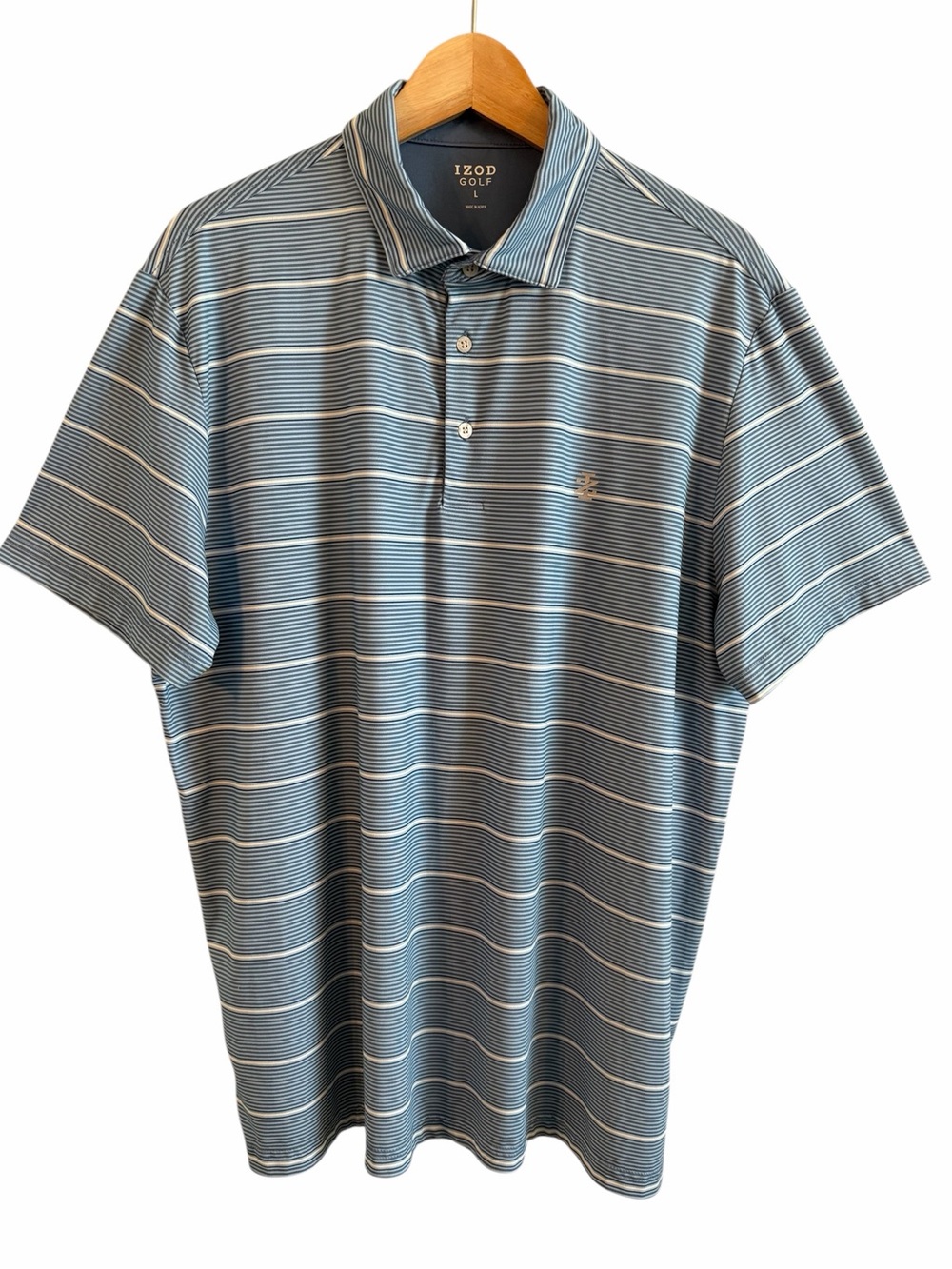 Izod Golf Polo Shirt Mens Size L Blue Striped Performance Short Sleeve Casual